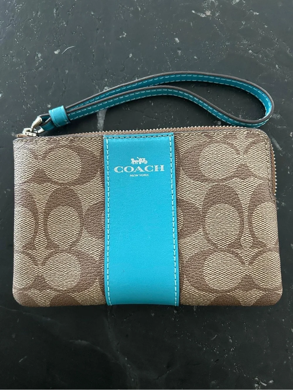 Coach Brown Signature Canvas Wristlet with Turquoise Accent